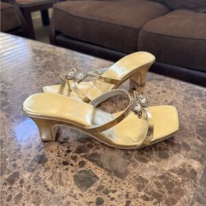 Gold Square Toe Kitten Heel Dress Sandals